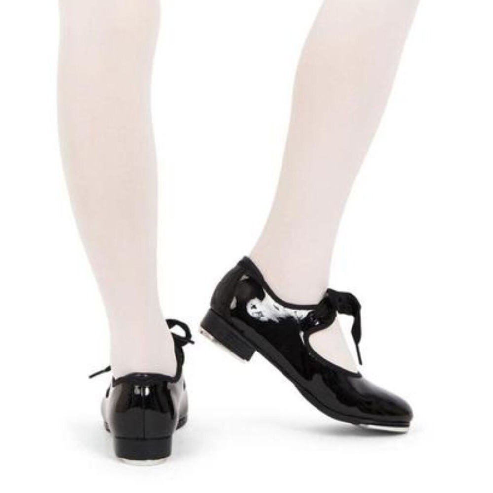 Dance Performance Tap Shoes Girls 2 Black Leather Glossy Mary Jane CAPEZIO - Picture 2 of 8
